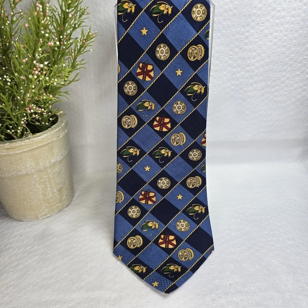 Tommy Hilfiger Fishing Themed Tie Blue Gold And Red Imported Silk Mens